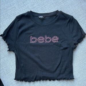 Bebe Black Crop Top with Pink Embellished Logo